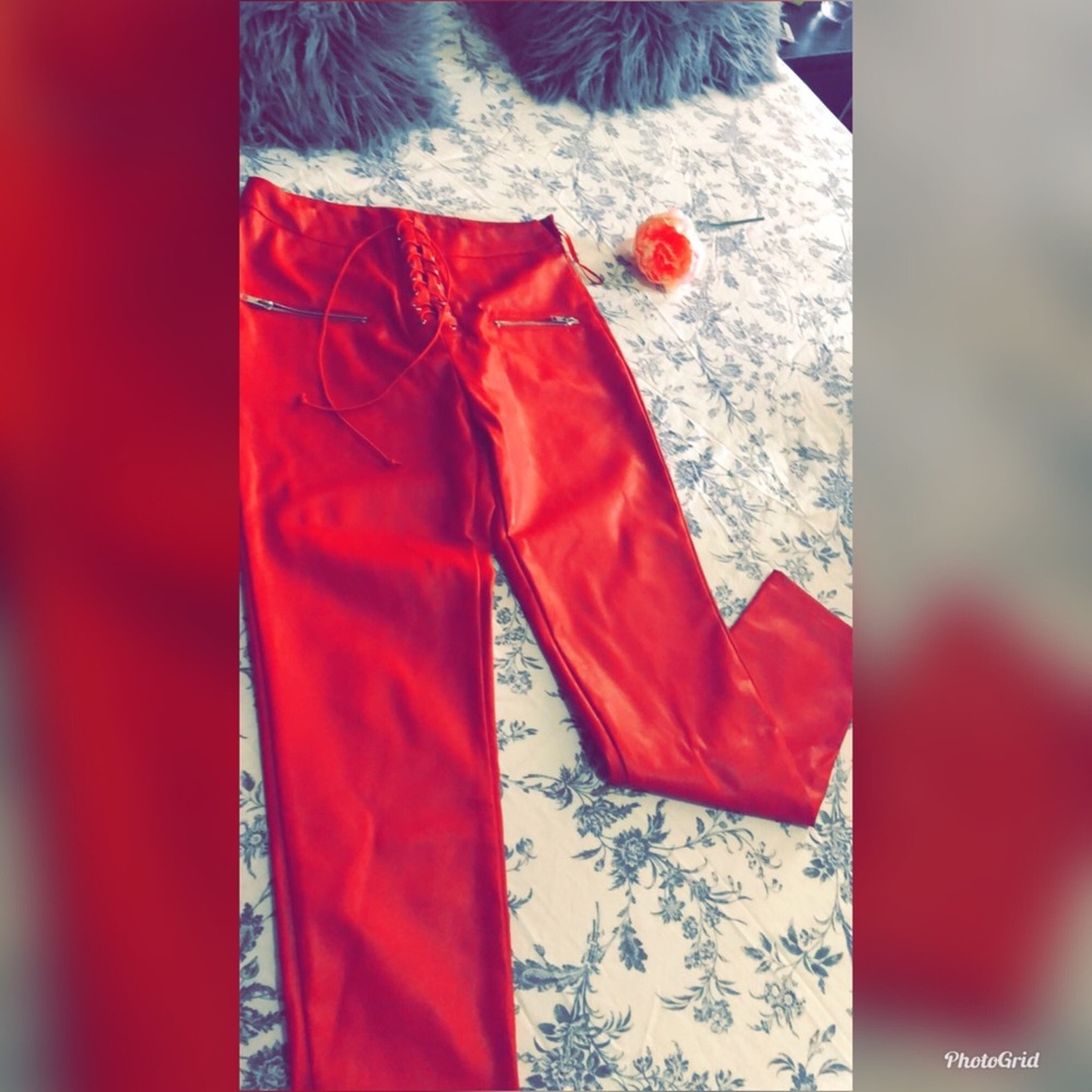 Red leather pants